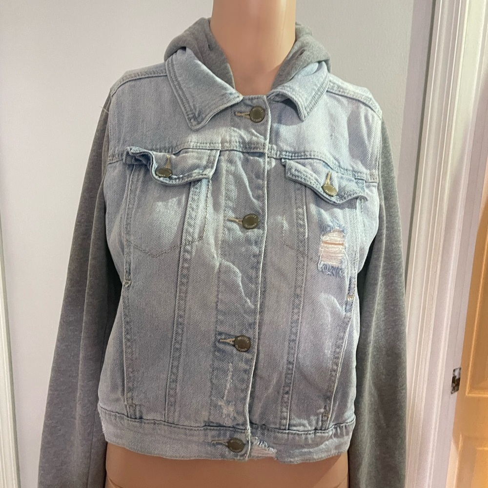 Hollister Light Blue Denim Jacket with‎ Gray Hood